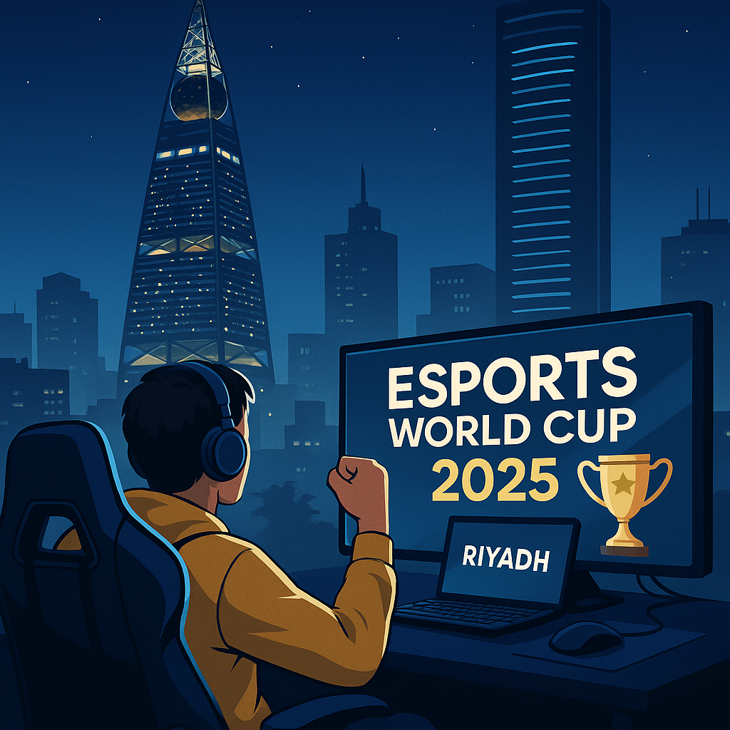 Ilustrasi Esports World Cup 2025 di Riyadh dengan suasana futuristik dan nuansa Arab Saudi modern
