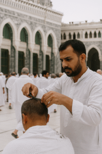 jamaah pria mencukur rambut saat tahallul dalam umroh