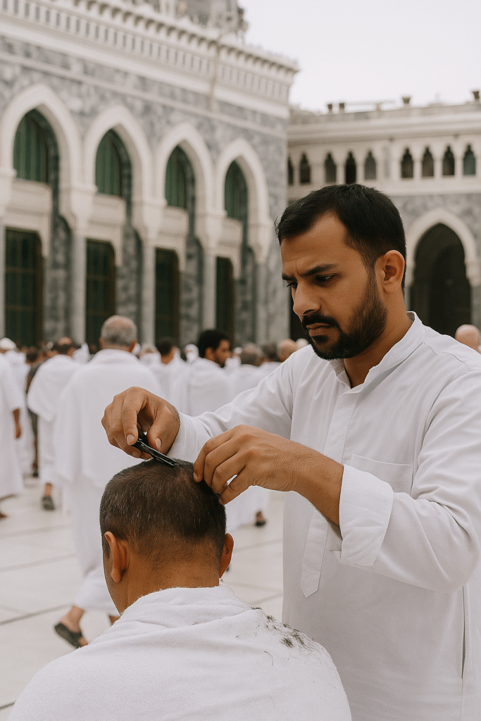 jamaah pria mencukur rambut saat tahallul dalam umroh