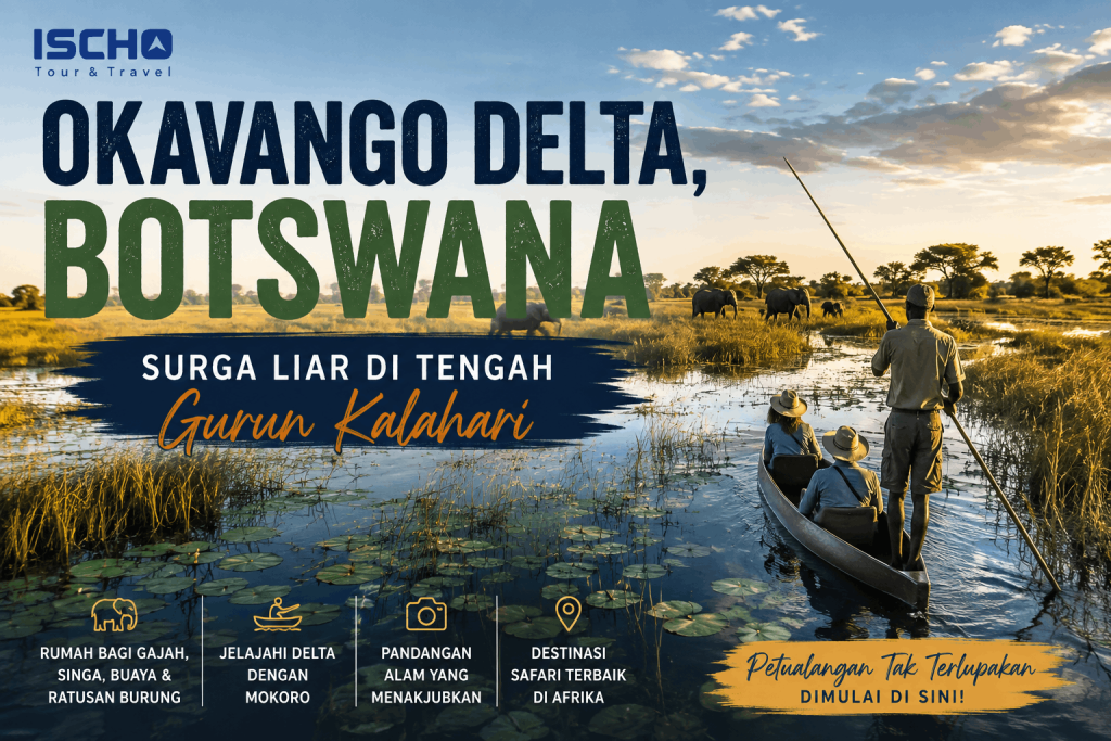 Okavango Delta Botswana dengan perairan dan lanskap hijau di tengah Kalahari