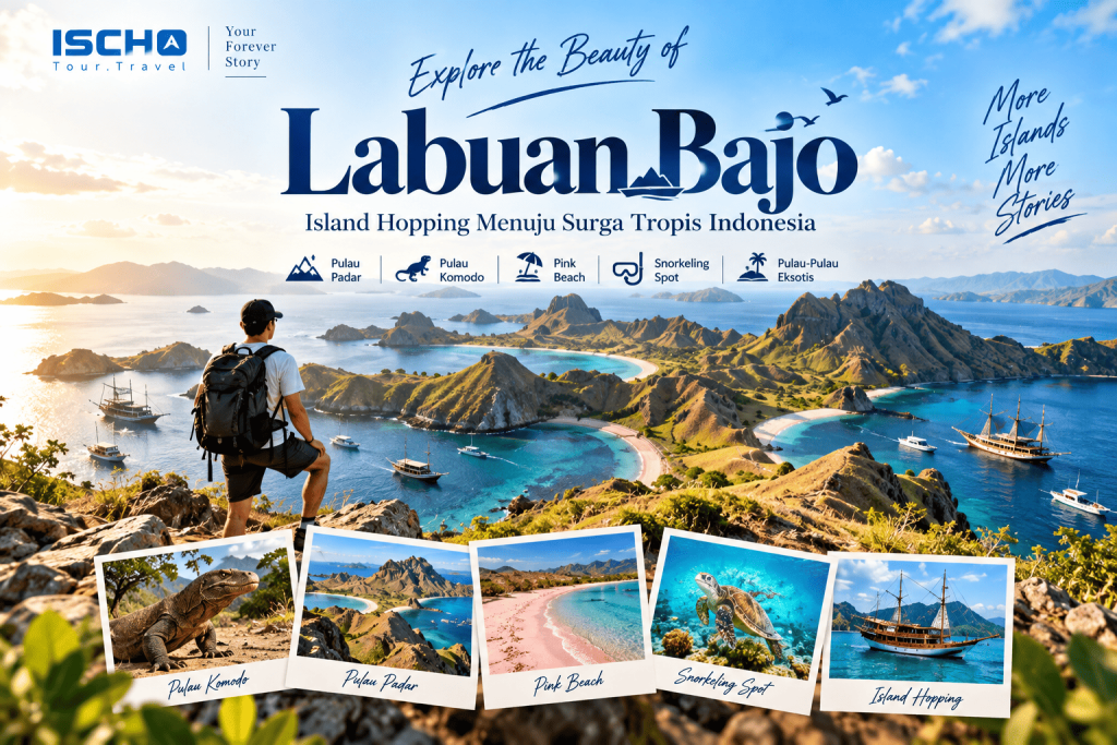 Pemandangan gugusan pulau dan laut biru saat island hopping di Labuan Bajo