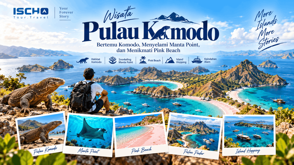 Pemandangan Wisata Pulau Komodo dengan laut biru, Pink Beach, dan perbukitan